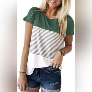 YunJey Round neck triple color block striped T-shirt